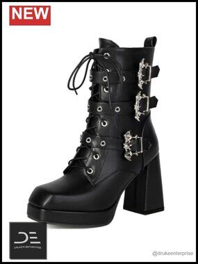 Goth Platform Combat Boots Women Chunky High Heeled Ankle Boots Lace Up